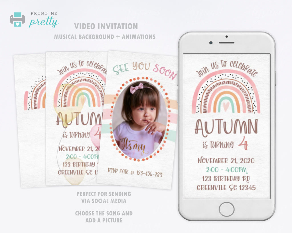 Boho Rainbow Birthday Invitation Video Animated Card – Easy Inviting