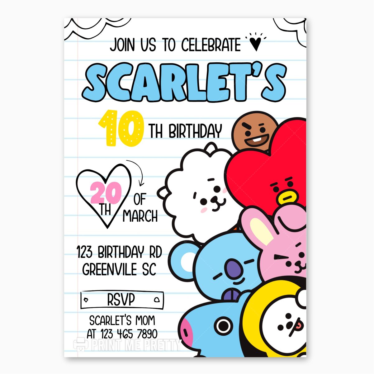 BT21 inspired Birthday Party Invitation  Birthday party invitations, Bee  birthday theme, Birthday party 21