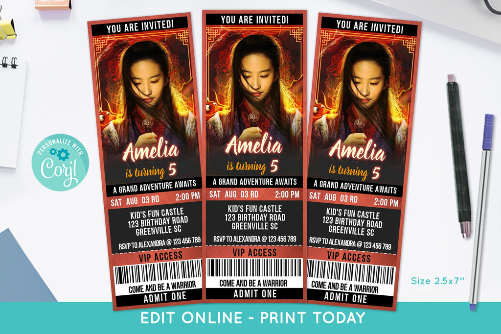Mulan Movie Ticket Birthday Invitation - Print Me Pretty