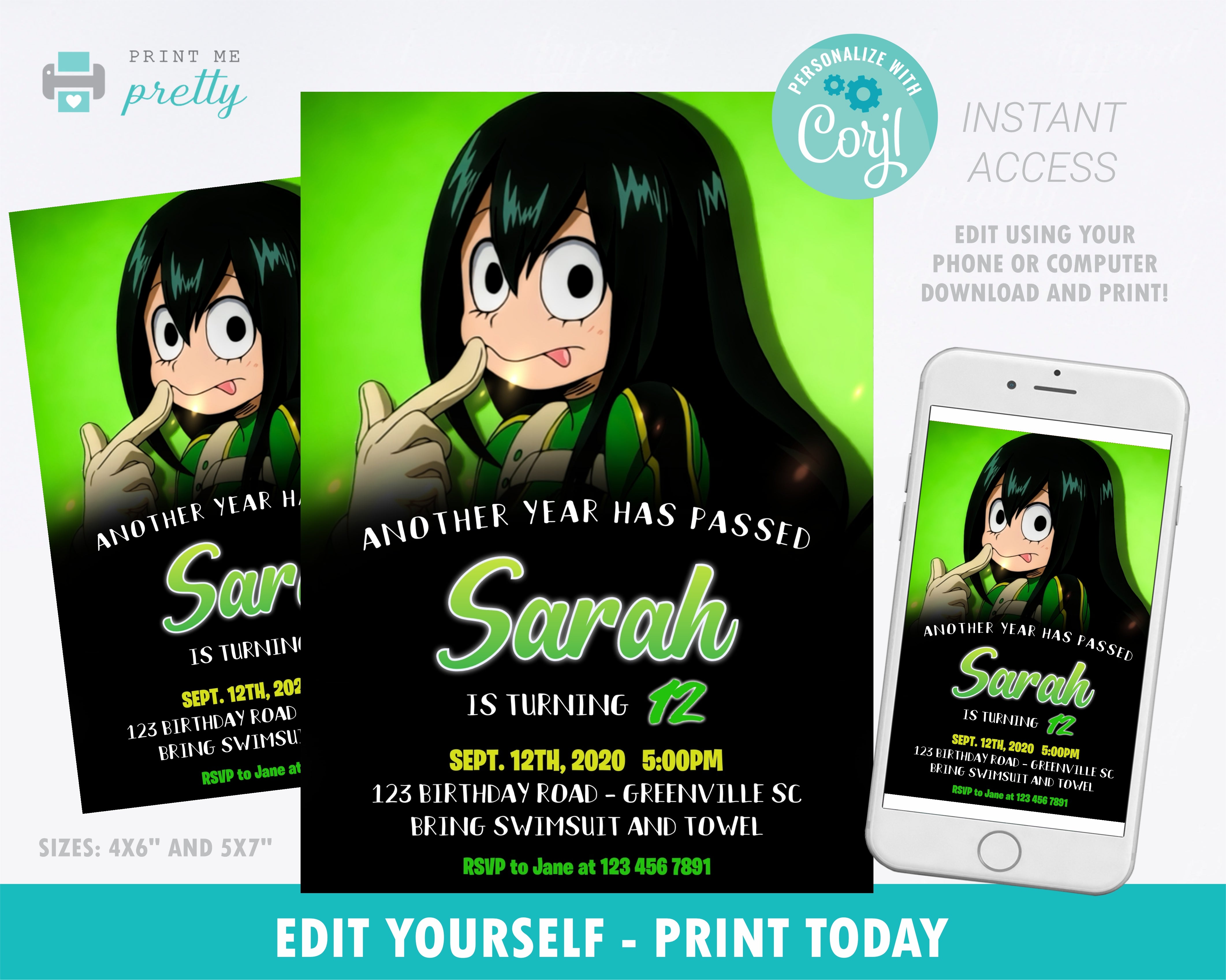 My Hero Academia Tsuyu Asui Birthday Invitation Printable Boku No Hero –  Easy Inviting