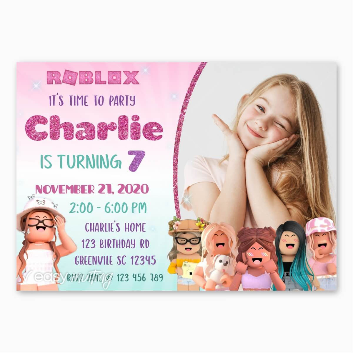 ▷ Digital Invitation Roblox Girls Birthday Greeting, FREE